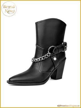 Western Ankle Boots for Women Faux Leather Pointed Toe Block Heel Cowgirl Boots